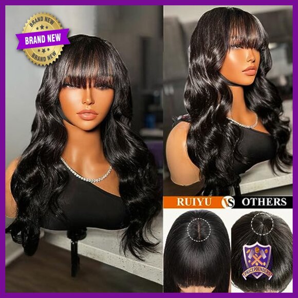 Body Wave Lace Front Wig with Bangs 16 Inch Glueless 180% Density Human Hair